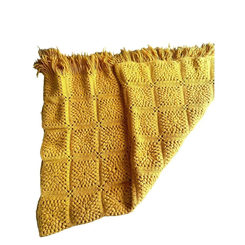 Handmade Yellow Crochet Afghan Blanket Vintage 70s Boho Cottagecore Throw Large